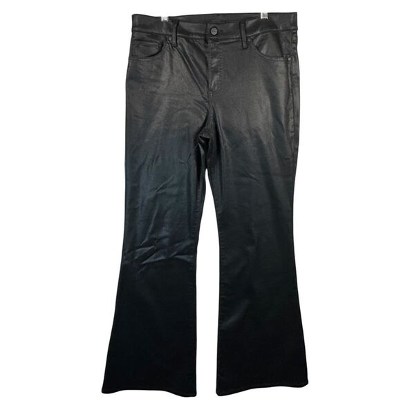 Express Black Coated 70s Flare Pants Stretchy Bootcut Trousers Size 12R Mid Rise - Picture 1 of 8